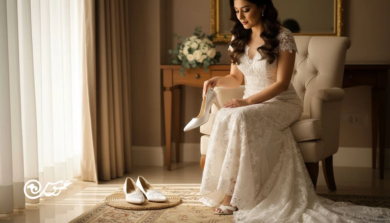 عروس در حال بررسی کفش عروس راحت و پاشنه مناسب؛ تصویر مرتبط با اشتباهات کفش عروس و هماهنگی با لباس