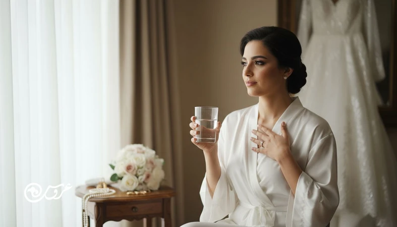 عروس ایرانی در حال کنترل اضطراب روز عروسی با تنفس آرام و نوشیدن آب؛ تصویر مرتبط با تکنیک فوری آرام سازی و استرس عروس