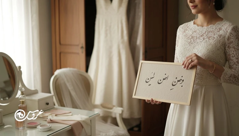 عروس ایرانی در حال انتخاب استایل عروس بر اساس شخصیت و فرم مراسم، کنار میز آرایش و لباس عروس با نور طبیعی