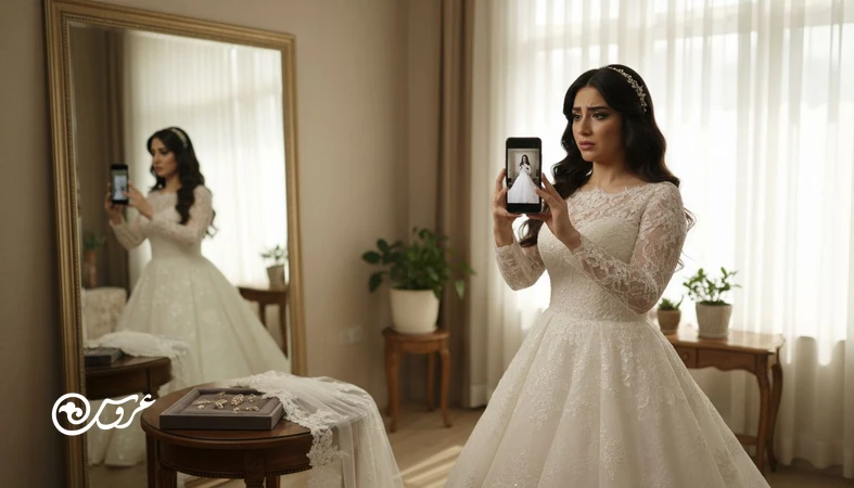 عروس ایرانی در حال تست استایل عروس در عکس؛ مقایسه ظاهر لباس و میکاپ در آینه با نتیجه عکس برای جلوگیری از اشتباهات استایل عروس