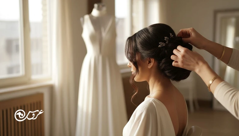 انتخاب شینیون عروس بر اساس یقه لباس و فرم صورت در نور طبیعی؛ نمای نیم رخ عروس با شینیون مرتب و هماهنگ با یقه