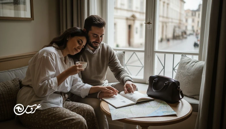 زوج تازه ازدواج کرده در حال برنامه ریزی ماه عسل آرام یا هیجان انگیز و هماهنگ کردن توقع ها برای جلوگیری از اختلاف سلیقه در سفر