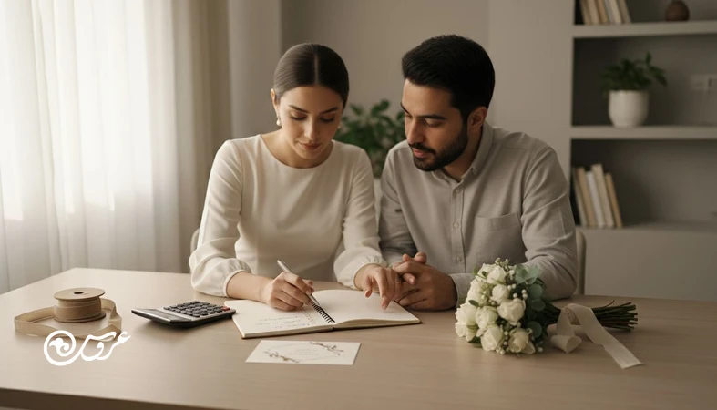 برنامه ریزی کاهش هزینه عروسی بدون افت کیفیت؛ عروس و داماد در حال مدیریت هزینه مراسم با چک لیست و بودجه بندی