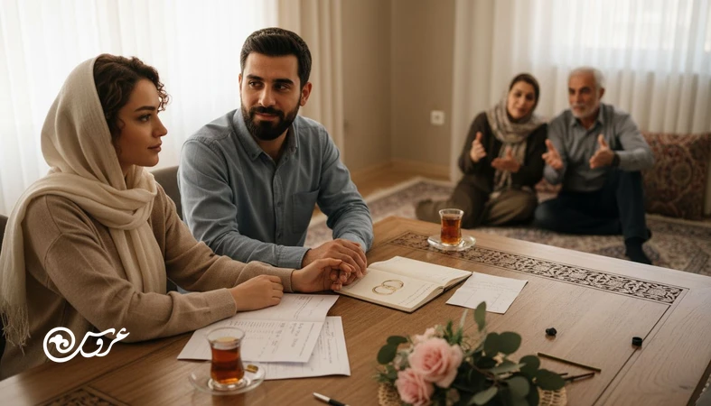 مرزگذاری محترمانه برای کنترل دخالت خانواده در عروسی؛ عروس و داماد در حال گفتگو و تصمیم گیری آرام در خانه