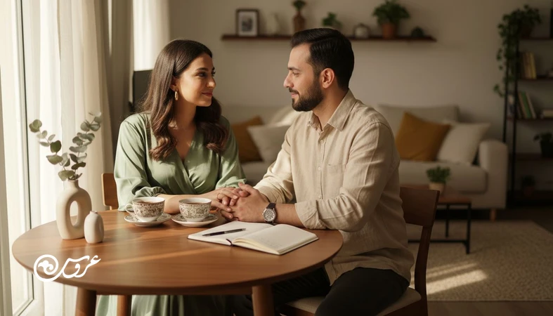 زوج تازه ازدواج کرده در خانه در حال برنامه ریزی برای ریتم زندگی دو نفره و حفظ صمیمیت بعد از عروسی