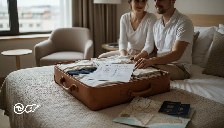 زوج تازه ازدواج کرده در اتاق هتل با برنامه سفر شلوغ و چهره خسته؛ تصویر مرتبط با اشتباهات ماه‌عسل مثل برنامه سنگین و خستگی