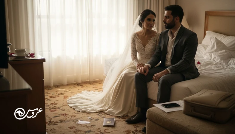 زوج تازه عروس و داماد در حال برنامه‌ریزی ماه‌عسل با چمدان و برنامه سفر؛ اشاره به اشتباهات ماه عسل و دلخوری در سفر بعد از عروسی