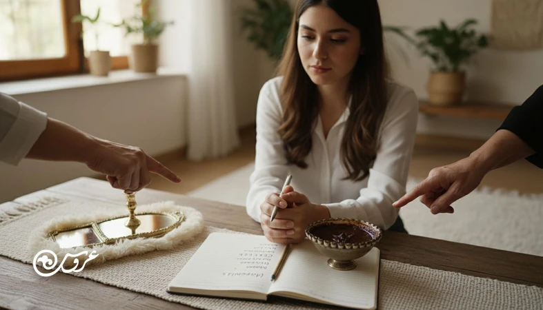 عروس در حال تصمیم‌گیری درباره آیین‌های عروسی ایرانی؛ تعادل بین سنت و شخصی‌سازی مراسم با فضای آرام و نور طبیعی