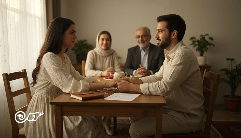 زوج ایرانی در حال مدیریت اختلاف خانواده‌ها در عروسی با گفت‌وگوی آرام و بودجه‌بندی؛ مناسب برای موضوع مدیریت اختلاف خانواده همسر و حفظ رابطه در دوران نامزدی