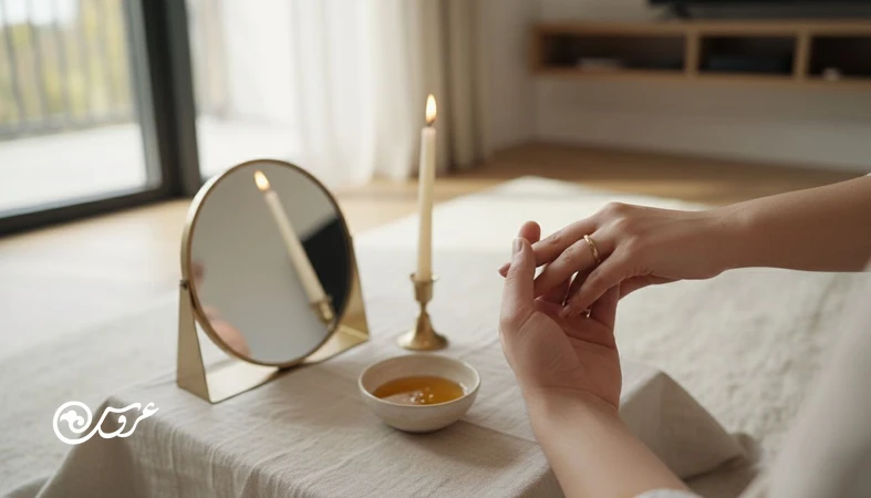 نمای نزدیک از حلقه های ازدواج بالای سفره عقد مینیمال؛ تصویر مرتبط با نمادشناسی ازدواج و نمادهای عروسی