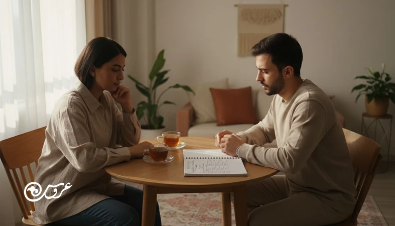 زوج ایرانی در خانه در حال برنامه‌ریزی و گفتگو برای آمادگی ذهنی ازدواج و ساخت مهارت‌های قبل ازدواج مثل ارتباط، بودجه و مرزبندی