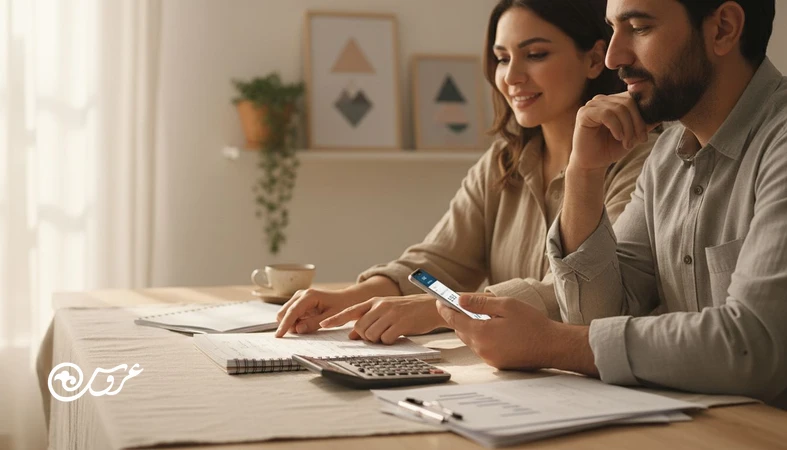 زوج ایرانی در حال مدیریت پول در زندگی مشترک و تصمیم‌گیری درباره حساب مشترک یا جدا با بودجه‌بندی روی میز