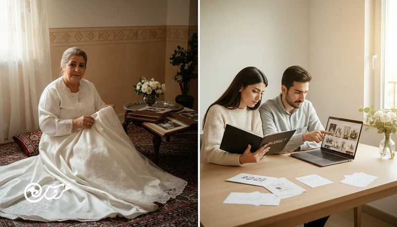 مقایسه عروسی قدیم و جدید در ایران؛ عروس و خانواده در حال بررسی بودجه و یادگاری های عروسی سنتی و مدرن