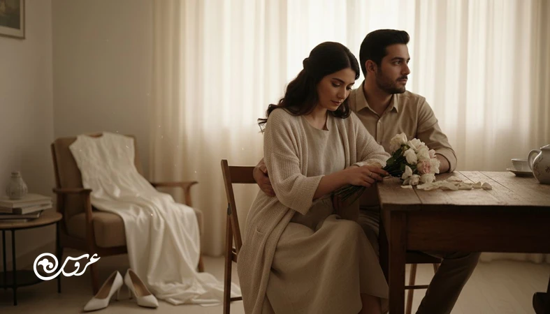 زوج تازه ازدواج کرده در خانه و حس خلأ بعد از عروسی با حال و هوای آرام و افت هیجانی پس از مراسم