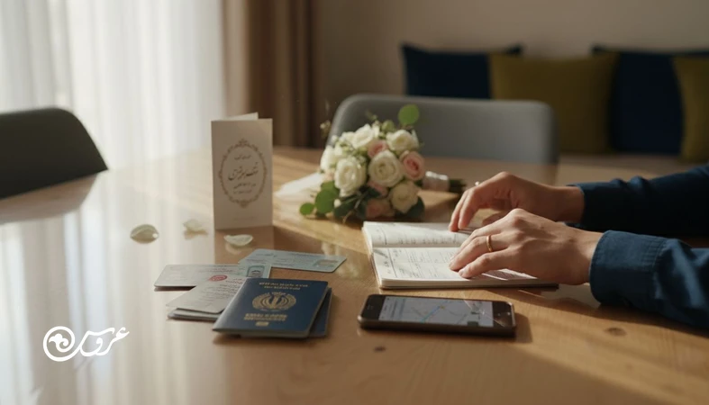 چک لیست بعد از عروسی در روزهای اول زندگی مشترک؛ زوج جوان در خانه در حال مرتب کردن مدارک و کارهای ضروری