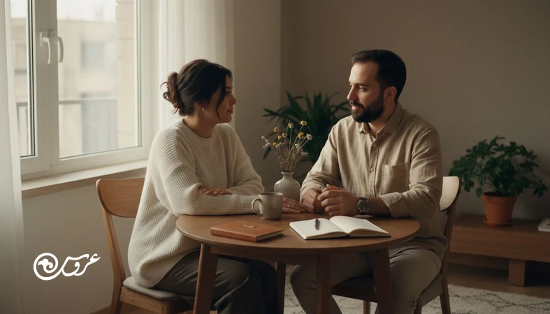 زوج تازه ازدواج کرده در خانه در حال گفت‌وگوی آرام برای کاهش تعارض بعد عروسی و بهبود ارتباط در ماه‌های اول ازدواج
