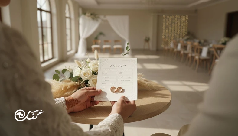 ترکیب عقد و عروسی در یک روز؛ تصویر عروس و داماد با برنامه زمانی و حلقه‌ها برای مدیریت مراسم یک‌روزه