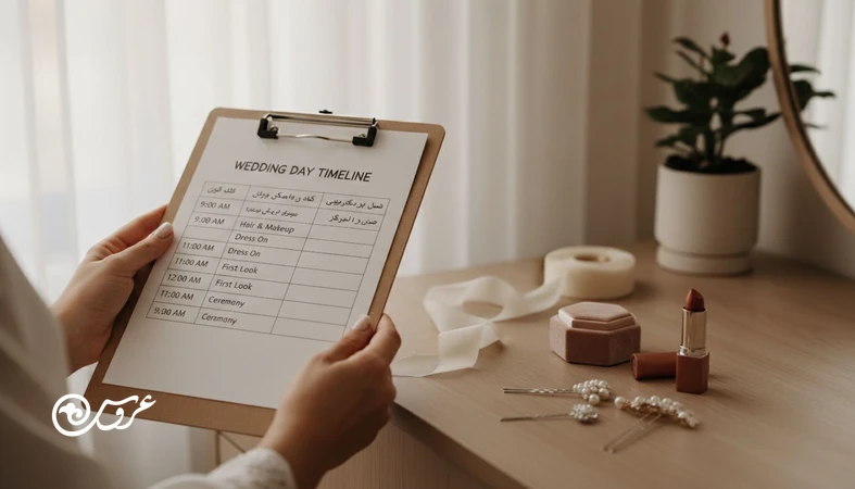 سناریوی روز عروسی و تایم لاین عروس و داماد روی چک لیست چاپ شده کنار اکسسوری های عروس با نور طبیعی