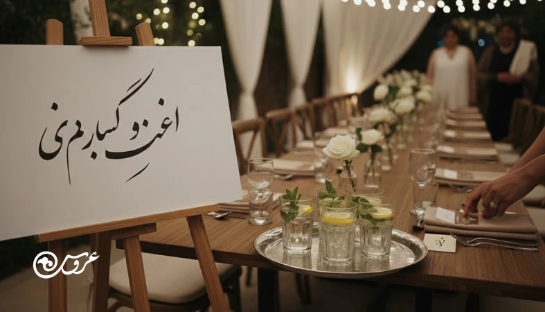 جزئیات عروسی کم هزینه مثل خوشامدگویی، نوشیدنی خوش آمد و نورپردازی نرم برای خاص کردن مراسم عروسی