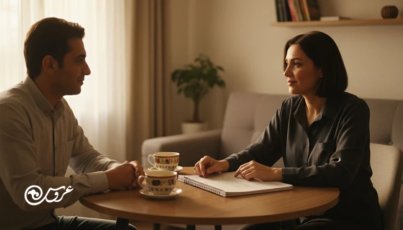 زوج ایرانی در حال گفت وگوی آرام درباره موضوعات حساس مثل پول و خانواده با فضای امن و بدون دفاع و حمله