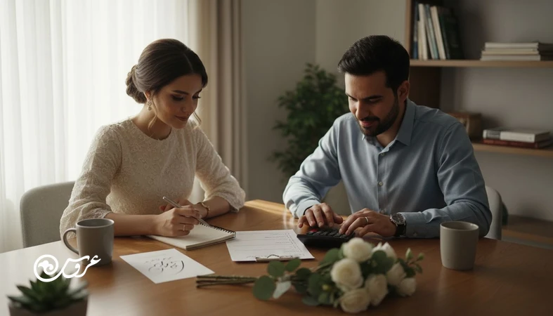 زوج ایرانی در حال برنامه ریزی و تقسیم بودجه عروسی با دفترچه و ماشین حساب؛ تصویر مرتبط با سهم تالار، آتلیه، لباس و دیزاین