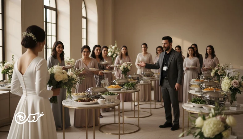 پذیرایی عروسی پرجمعیت با ایستگاه‌های متعدد و مسیر حرکت منظم برای جلوگیری از صف غذا و بی‌نظمی