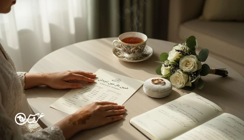 تصویر برنامه زمان بندی و ترتیب مراسم عقد و عروسی روی میز کنار حلقه ها و چک لیست، برای مدیریت بهتر روز مراسم