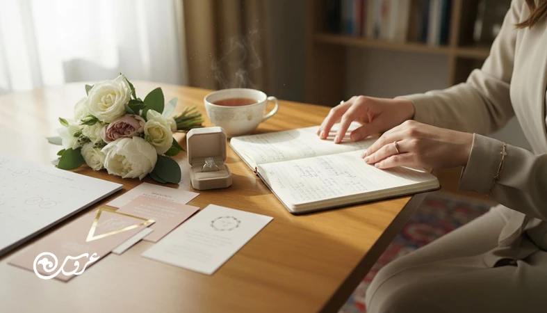 چک لیست عروسی از ۶ ماه قبل تا روز مراسم روی دفتر برنامه‌ریزی در خانه با جزئیات حلقه و کارت دعوت