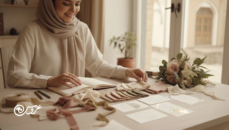 انتخاب تم رنگی عروسی و ساخت هویت بصری مراسم با نمونه پارچه، کارت دعوت و گل آرایی هماهنگ زیر نور طبیعی