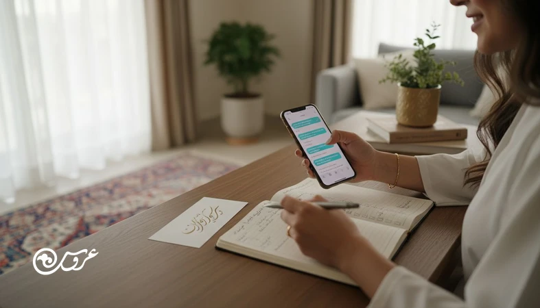 چک‌لیست تماس‌های عروسی و متن پیام هماهنگی عروسی روی دفتر برنامه‌ریزی کنار گوشی در نور طبیعی