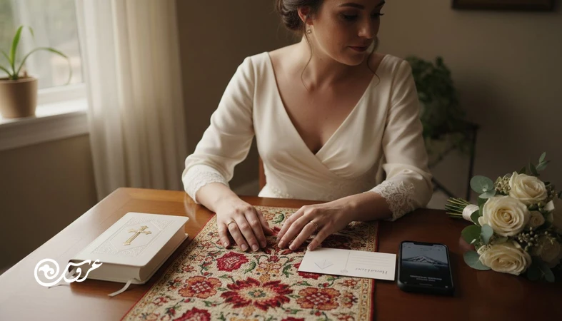 عروس در حال برنامه ریزی با نمادهای فرهنگ، مذهب و سبک زندگی؛ تصویر مرتبط با عروسی در کشورهای مختلف و تاثیر مذهب بر ازدواج