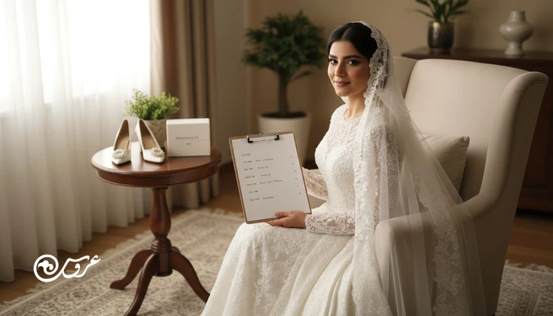 سناریوی روز عروسی و برنامه ساعت به ساعت عروسی روی برگه زمان بندی کنار عروس در اتاقی روشن و مرتب