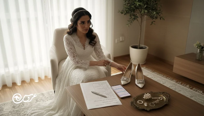 عروس در حال آماده شدن کنار چک لیست و سناریوی روز عروسی برای جلوگیری از تاخیر در مراسم و کاهش استرس