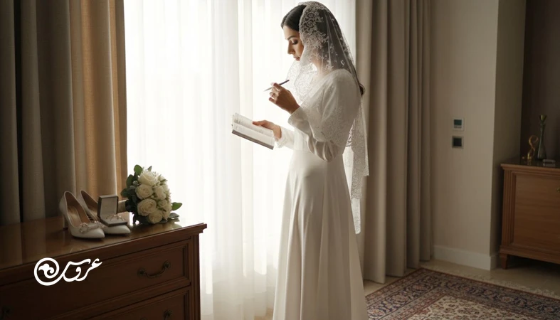 روایت مرحله به مرحله روز عروسی از آماده سازی در خانه تا پایان مراسم؛ عروس کنار پنجره با چک لیست و جزئیات مراسم