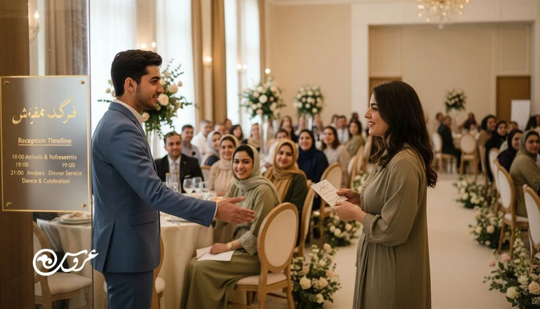 نمایی واقعی از ورودی و فضای سالن عروسی با تمرکز بر تجربه مهمان در عروسی، خوشامدگویی، مسیرهای منظم و حس آرام مراسم