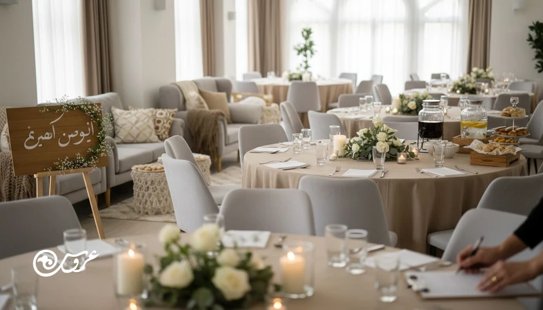 چک لیست رضایت مهمان ها در عروسی؛ نمایی از سالن مرتب با فضای راحت، پذیرایی ساده و تابلو برنامه مراسم