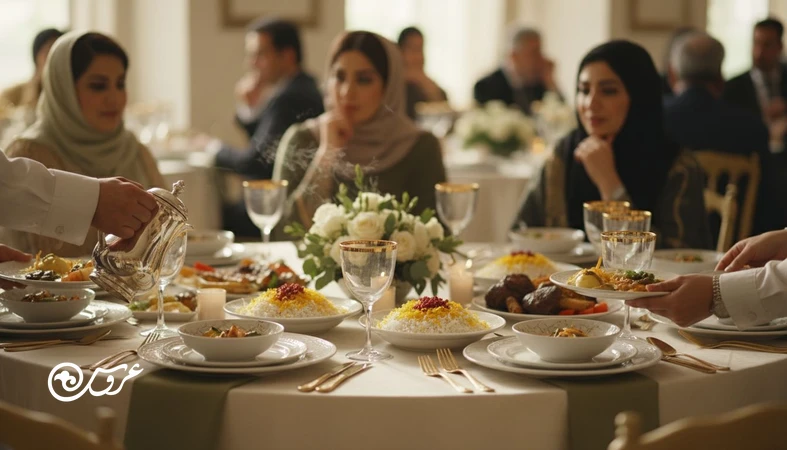 پذیرایی عروسی با سرو منظم غذا و نوشیدنی؛ تصویر مرتبط با تجربه مهمان در عروسی و سرو غذا در عروسی