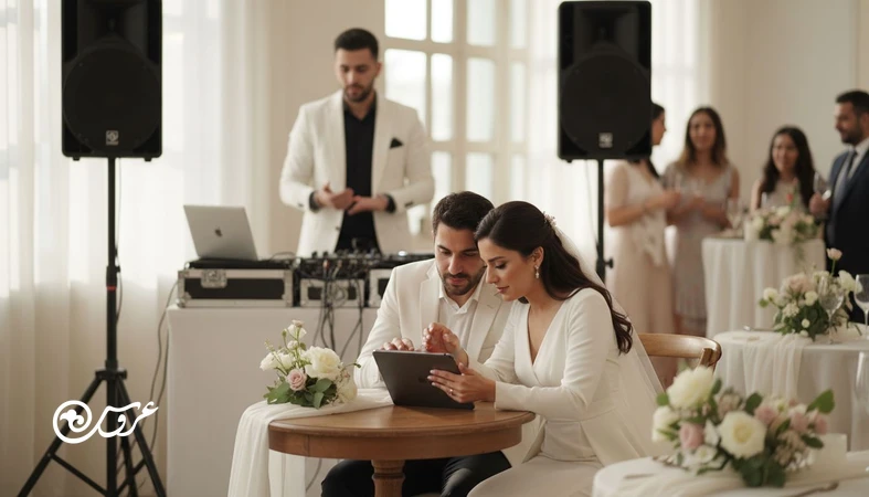 عروس و داماد در حال هماهنگی پلی لیست موسیقی عروسی با دی جی برای هماهنگی سلیقه مهمان ها
