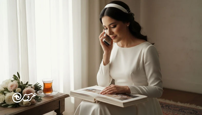 عروس کنار پنجره در حال نگاه کردن به آلبوم؛ تصویر درباره ثبت خاطره عروسی و عکس خوب ولی بی حس