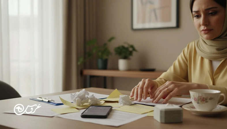 عروس خسته در حال برنامه ریزی عروسی کنار چک لیست و قراردادها؛ تصویر مرتبط با نشانه های فرسودگی روانی در دوران عروسی