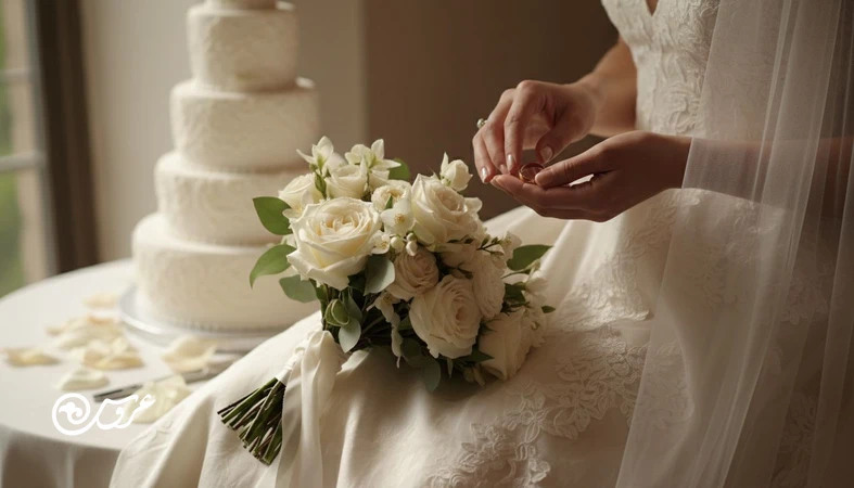 نمای نزدیک از نمادهای عروسی شامل حلقه ازدواج، پارچه لباس سفید عروس، تور و دسته گل با نور طبیعی