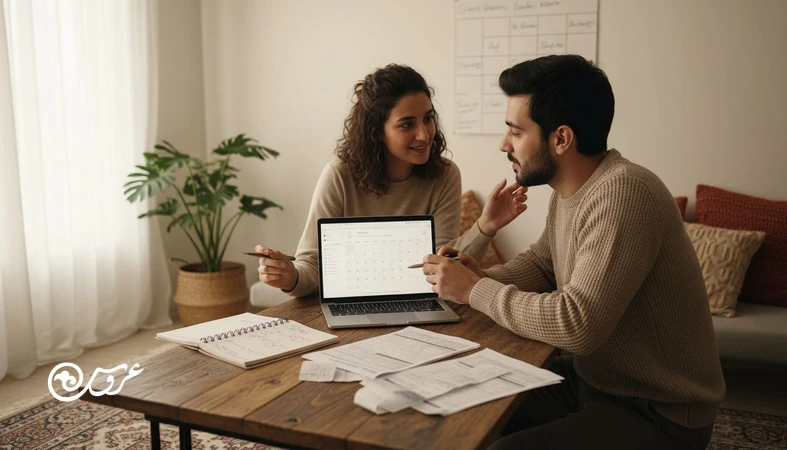 تقسیم کار عروسی بین عروس و داماد روی میز برنامه ریزی با چک لیست مشترک و بودجه بندی برای مدیریت استرس عروسی