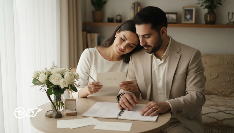 زوج تازه عروس و داماد در حال نوشتن پیام تشکر بعد از عروسی روی کارت و بررسی لیست مهمان ها با حال و هوای آرام و منظم
