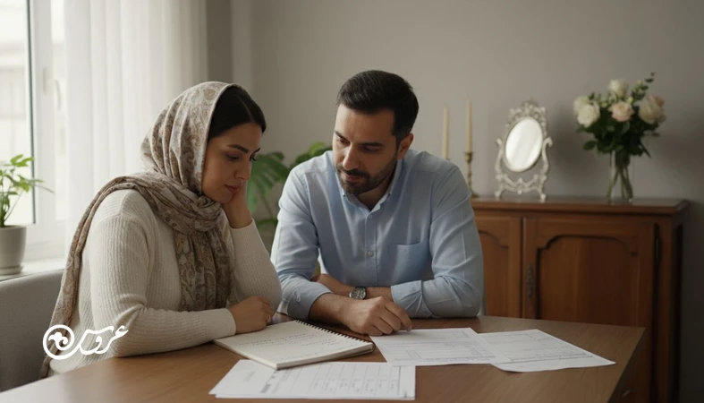 زوج ایرانی در حال برنامه‌ریزی عروسی و مرور چک‌لیست؛ تصویر مرتبط با اینکه چرا رسم‌های عروسی تکرار می‌شوند و فشار خانواده در عروسی