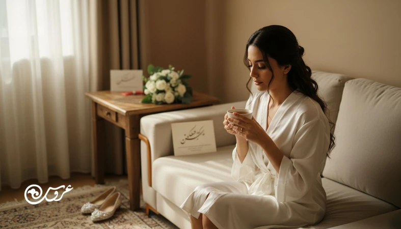 عروس در خانه و صبح بعد از مراسم با حس خستگی عاطفی بعد از عروسی و تلاش برای بازگشت به تعادل