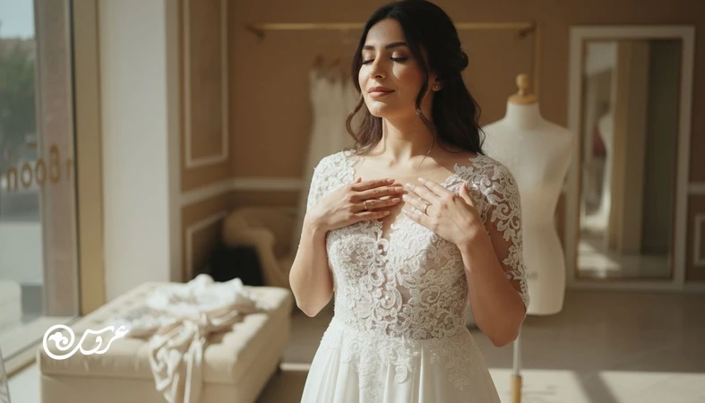 پرو لباس عروس با تاکید بر تعادل زیبایی و راحتی بدن؛ عروس در مزون با نور طبیعی و جزئیات دانتل