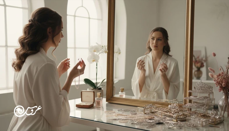 عروس در حال نگاه کردن به آینه و مقایسه اکسسوری‌های زیاد با انتخاب‌های مینیمال؛ تصویر مرتبط با نشانه‌های افراط در استایل عروس و رسیدن به تعادل