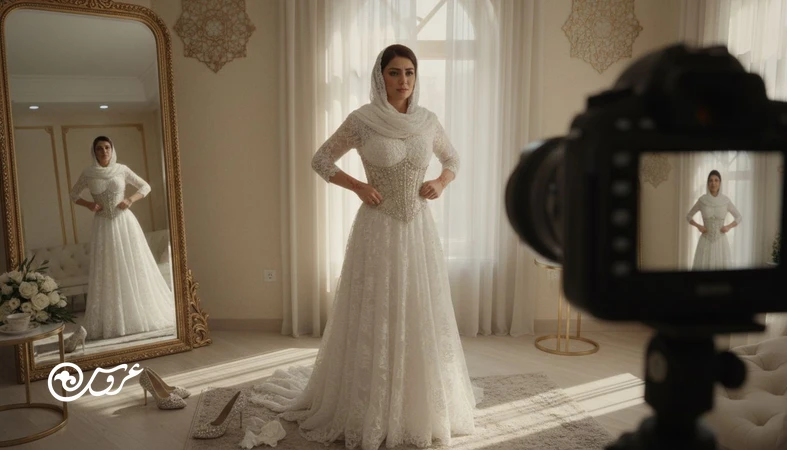 تفاوت استایل عروس در عکس و حس واقعی؛ عروس کنار آینه با نور طبیعی و جزئیات لباس و کفش