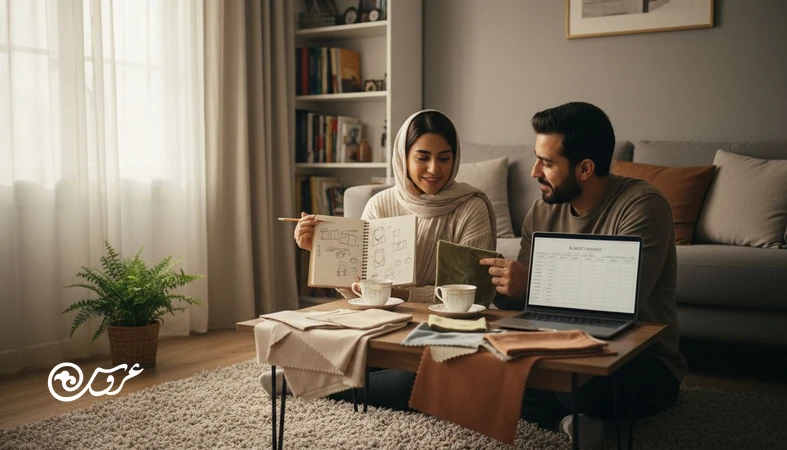 زوج تازه ازدواج کرده در حال گفت‌وگو درباره اختلاف سلیقه بعد از ازدواج در چیدمان خانه و مدیریت هزینه‌ها