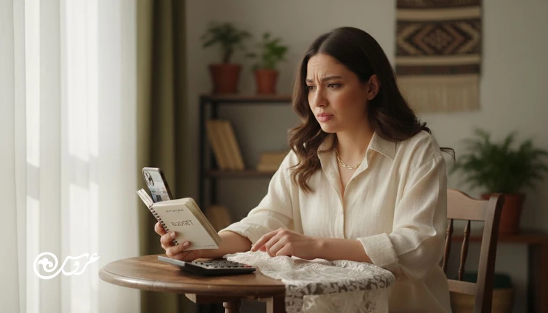عروس ایرانی در حال بررسی بودجه عروسی و تصمیم گیری احساسی درباره خرج کردن با دفترچه هزینه ها و ماشین حساب